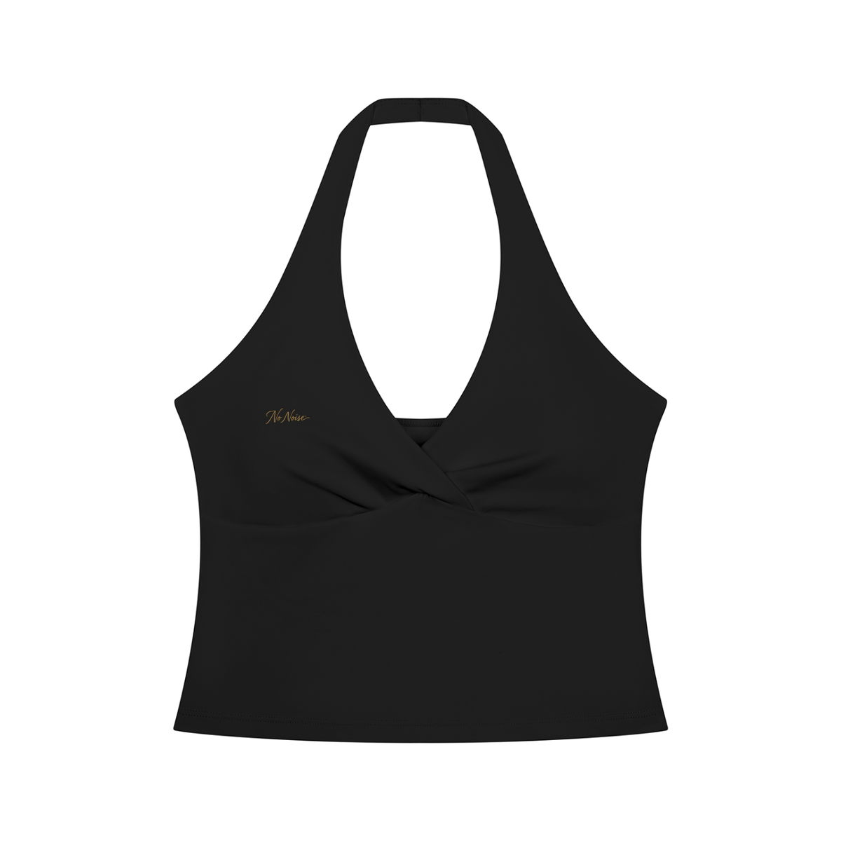 NO NOISE Muse Ruched Halter Top — Onyx, black, front view showing crossover neckline and gathered bust.