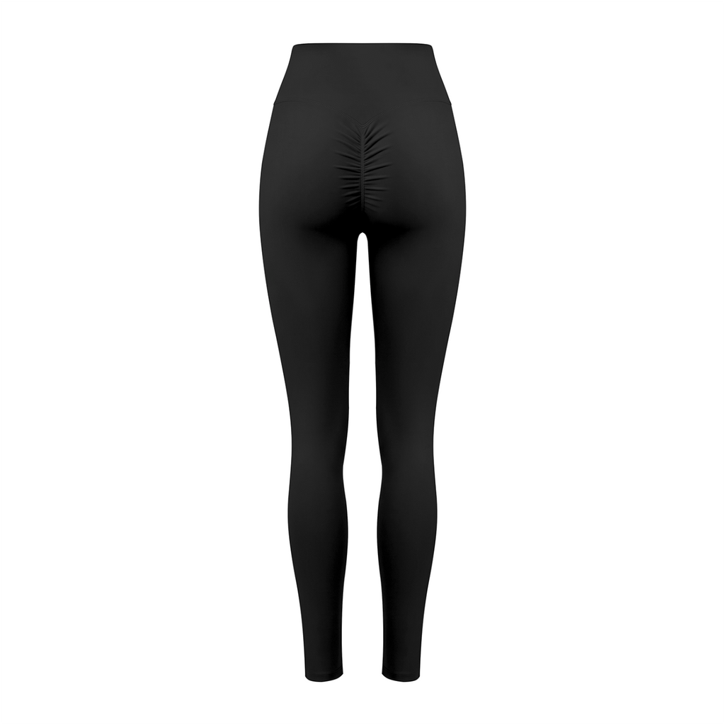 NO NOISE Poise High-Rise Leggings — Onyx, black, back shaped product view showing ruched seam.