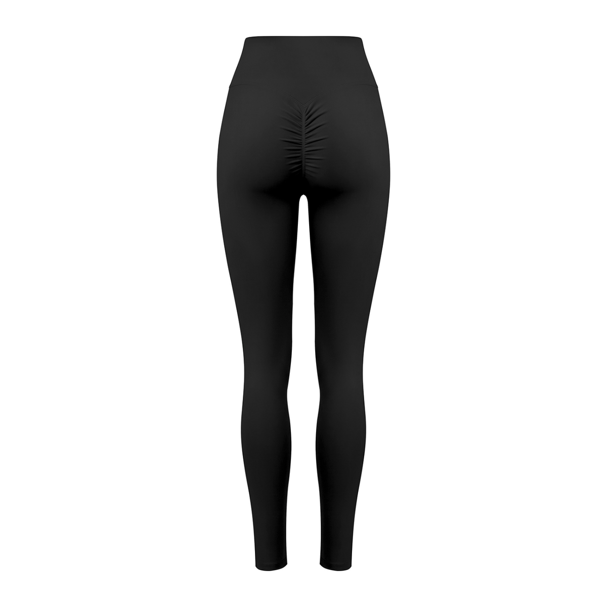 NO NOISE Poise High-Rise Leggings — Onyx, black, back shaped product view showing ruched seam.