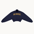 HER Collegiate cropped mock-neck sweatshirt in navy, front view with arched NO NOISE lettering