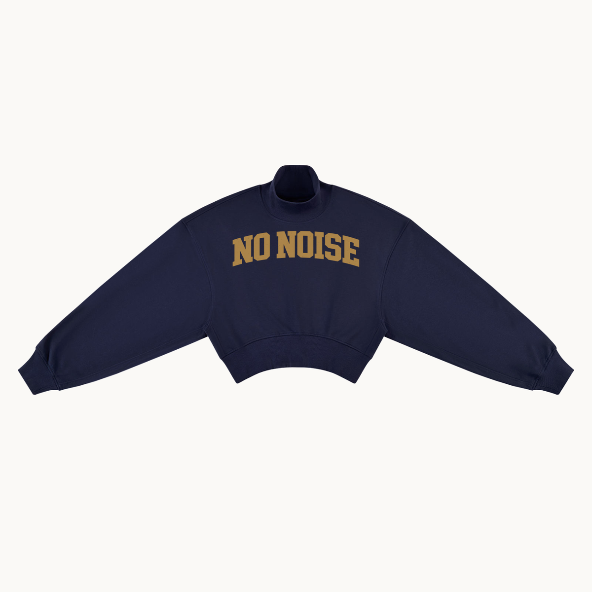 HER Collegiate cropped mock-neck sweatshirt in navy, front view with arched NO NOISE lettering