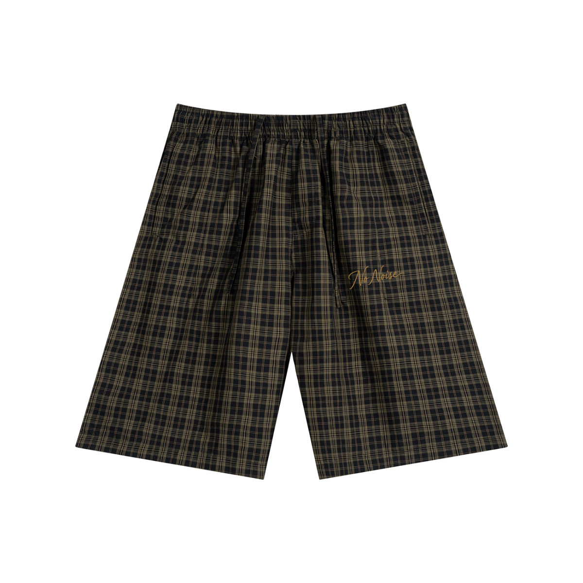 Wide-leg plaid shorts in Black Plaid, front view, showing the elastic waist and straight hems.