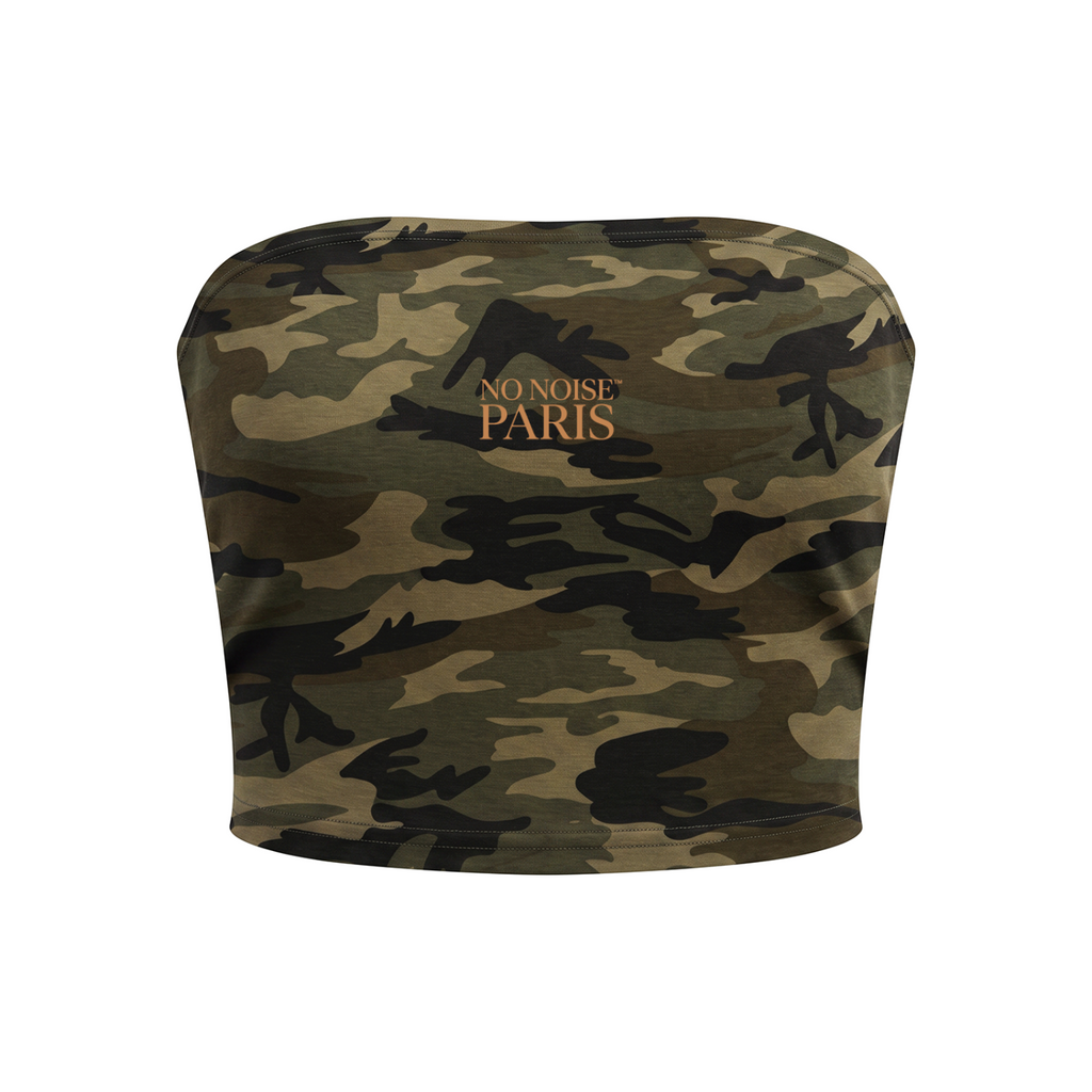 NO NOISE Women’s Camo Cropped Tube Top, army green camouflage, front shaped product view showing fitted waist.