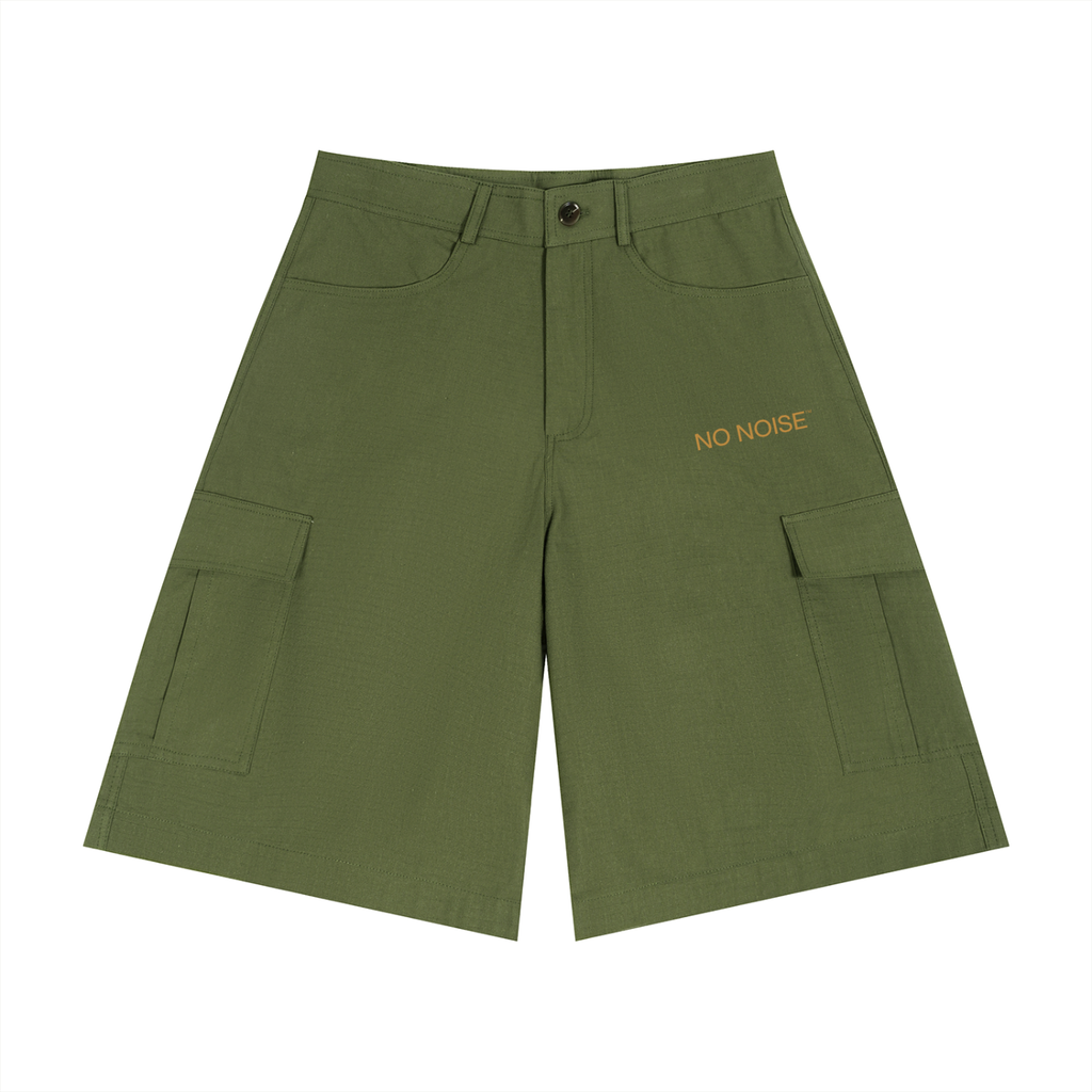 NO NOISE Utility Cargo Shorts — Olive, front product view.