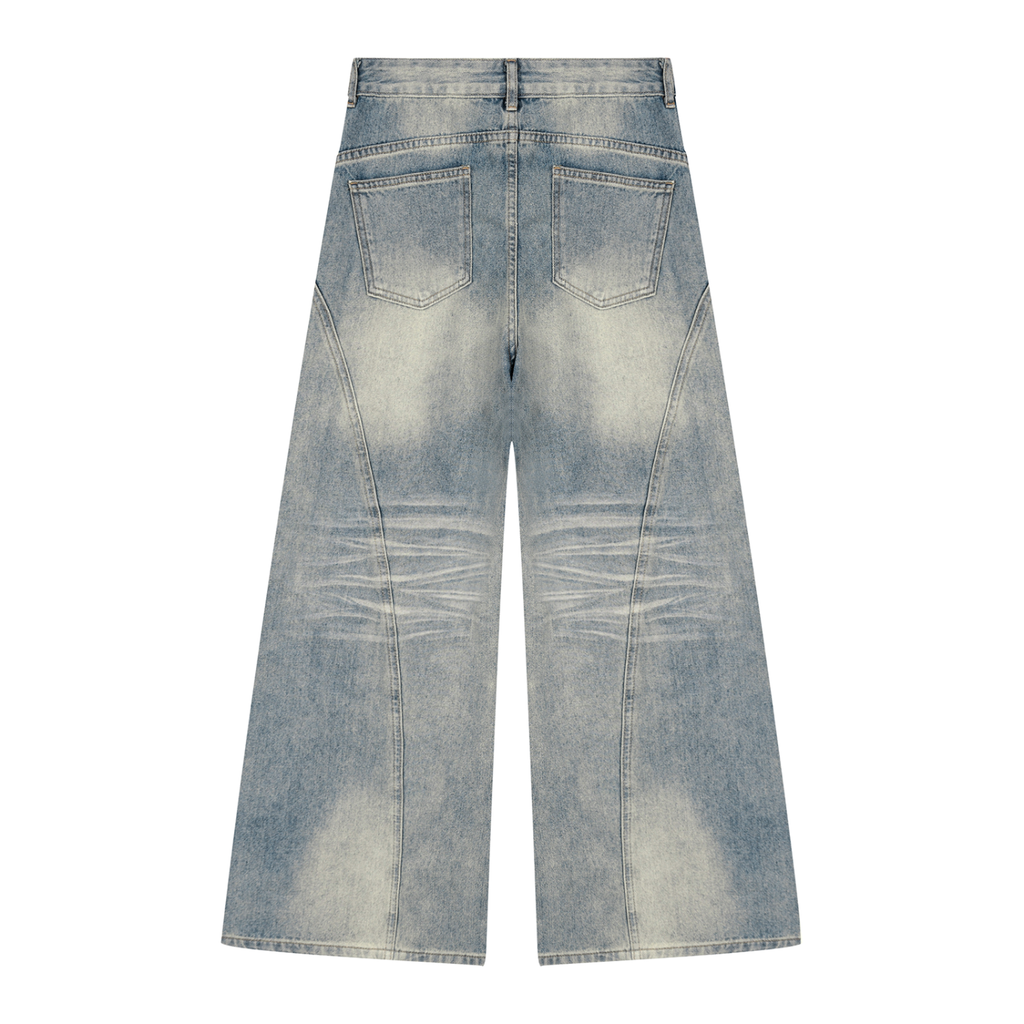 NO NOISE Women's Vintage-Wash Wide-Leg Jeans, blue denim, back view showing patch pockets and faded finish.
