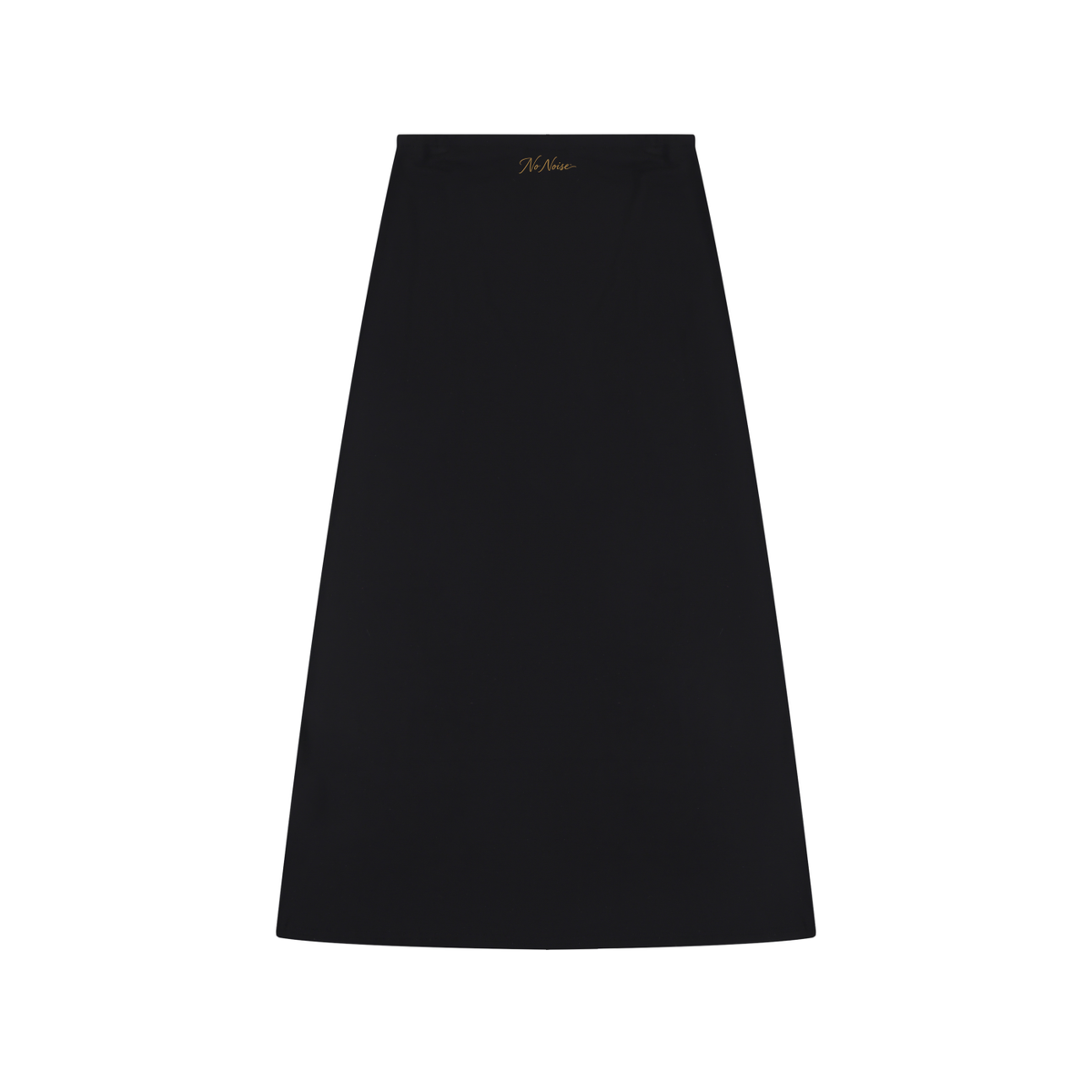 NO NOISE Knit Maxi Skirt — Onyx, black, front flat view showing long flared silhouette and gold waistband script.