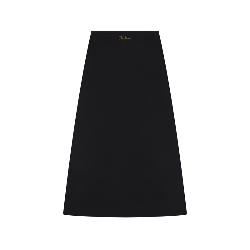 NO NOISE Knit Maxi Skirt — Onyx, black, front flat view showing long flared silhouette and gold waistband script.