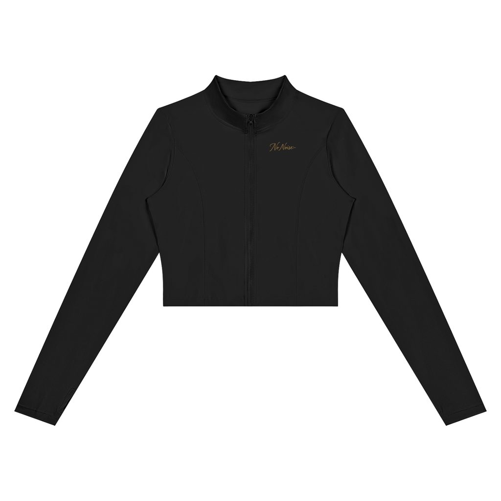 NO NOISE Form Cropped Jacket — Onyx, black, front view showing stand collar, zipper and curved panel seams.