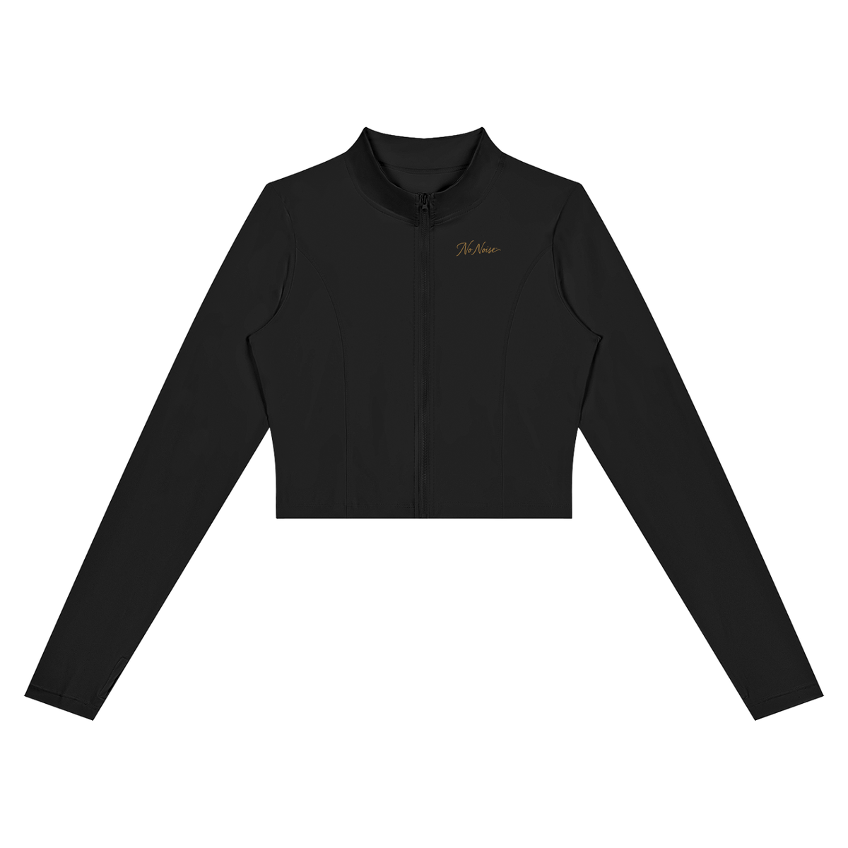 NO NOISE Form Cropped Jacket — Onyx, black, front view showing stand collar, zipper and curved panel seams.