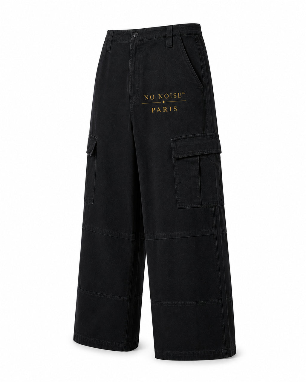 NO NOISE™ 001 Wide Leg Cargo Pant — Black, front view, wide-leg elastic waist