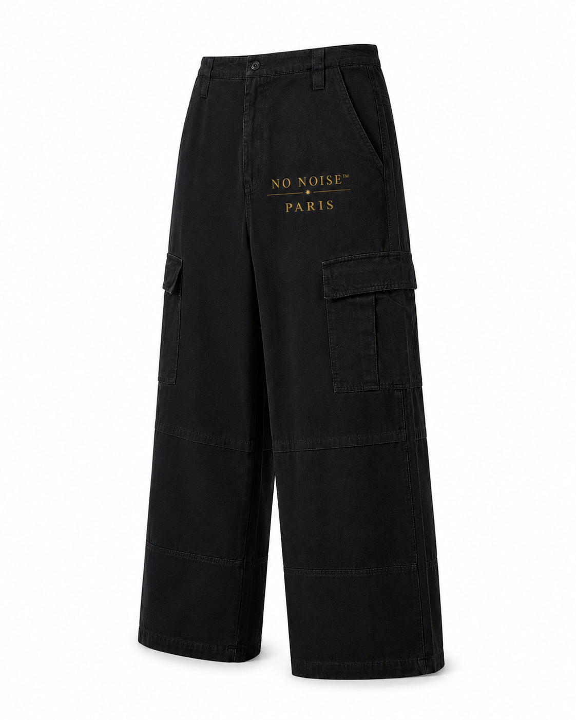 NO NOISE™ 001 Wide Leg Cargo Pant — Black, front view, wide-leg elastic waist