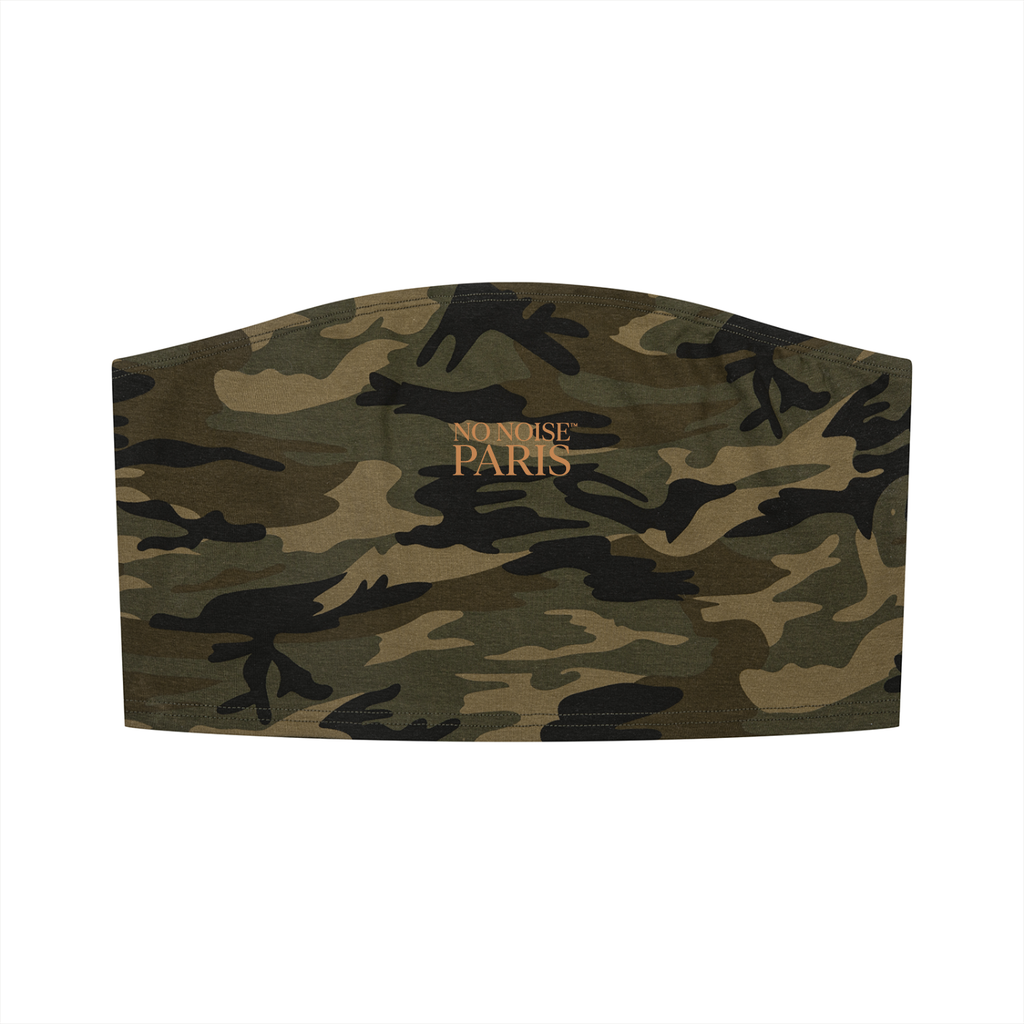 NO NOISE Women’s Camo Cropped Tube Top, army green camouflage, front flat view showing strapless neckline and gold PARIS lettering.