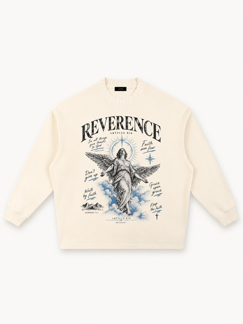 NO NOISE Article 010 Reverence oversized sweatshirt in apricot, front view with angel artwork.