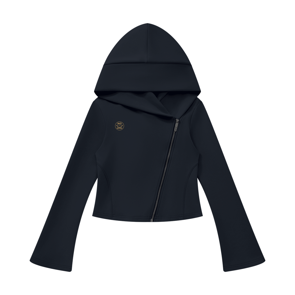 NO NOISE™ Navy blue Original Signal asymmetric zip hoodie, front