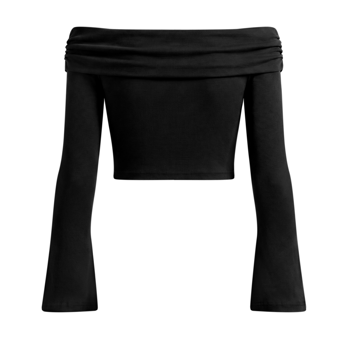 NO NOISE Off-Shoulder Bell-Sleeve Crop Top — Onyx, back shaped view showing folded neckline and bell sleeves.