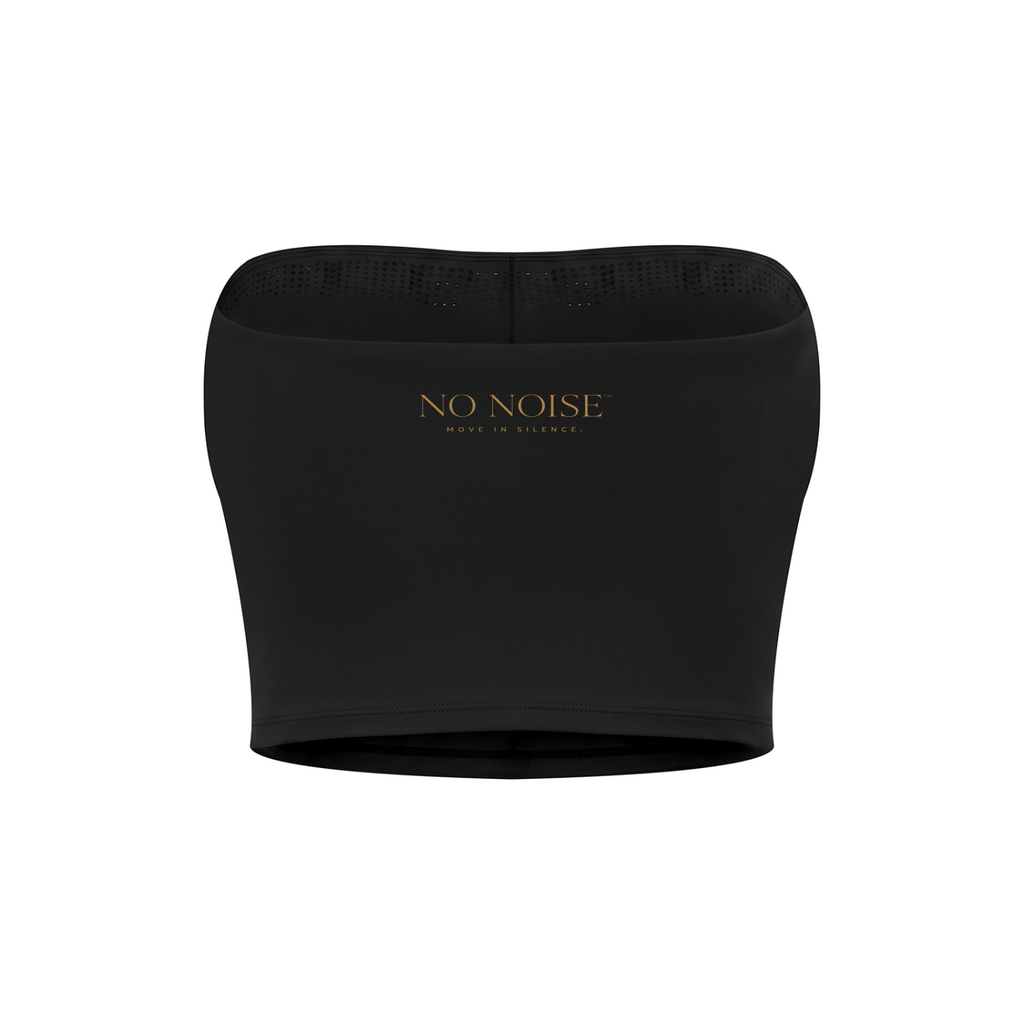 NO NOISE Studio Tube Top™ — Black, back shaped product view showing gold lettering.