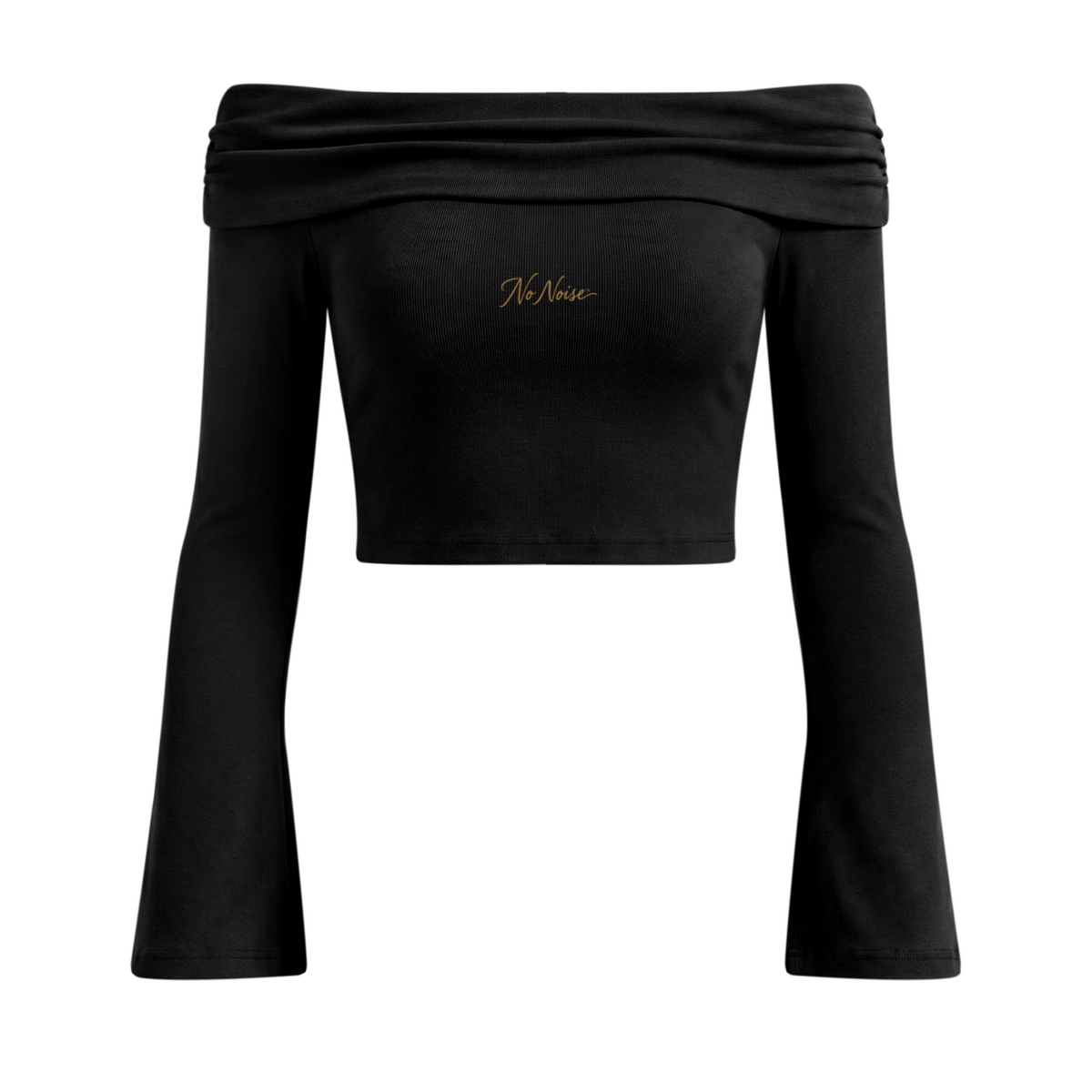 NO NOISE Off-Shoulder Bell-Sleeve Crop Top — Onyx, front shaped view showing folded neckline, gold chest script and bell sleeves.