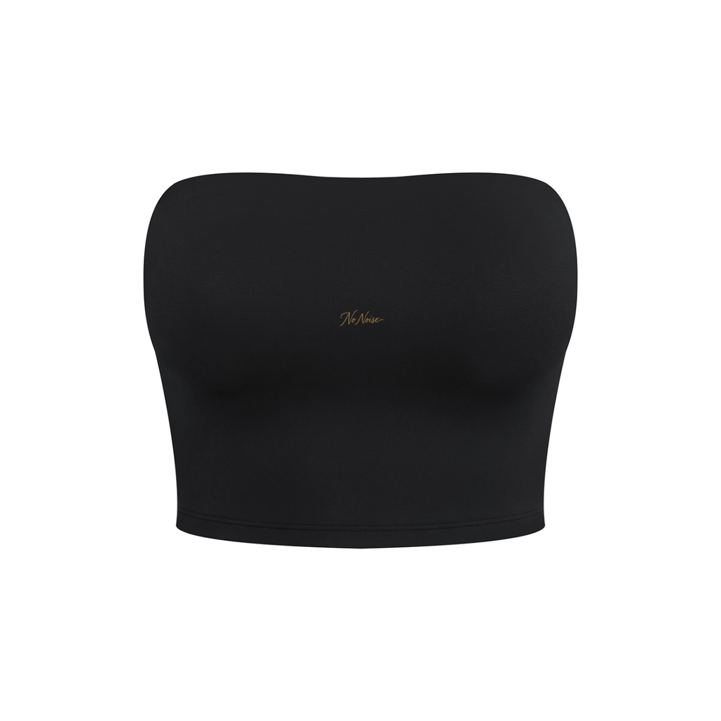 NO NOISE Studio Tube Top™ — Black, front shaped product view showing strapless neckline and gold script.