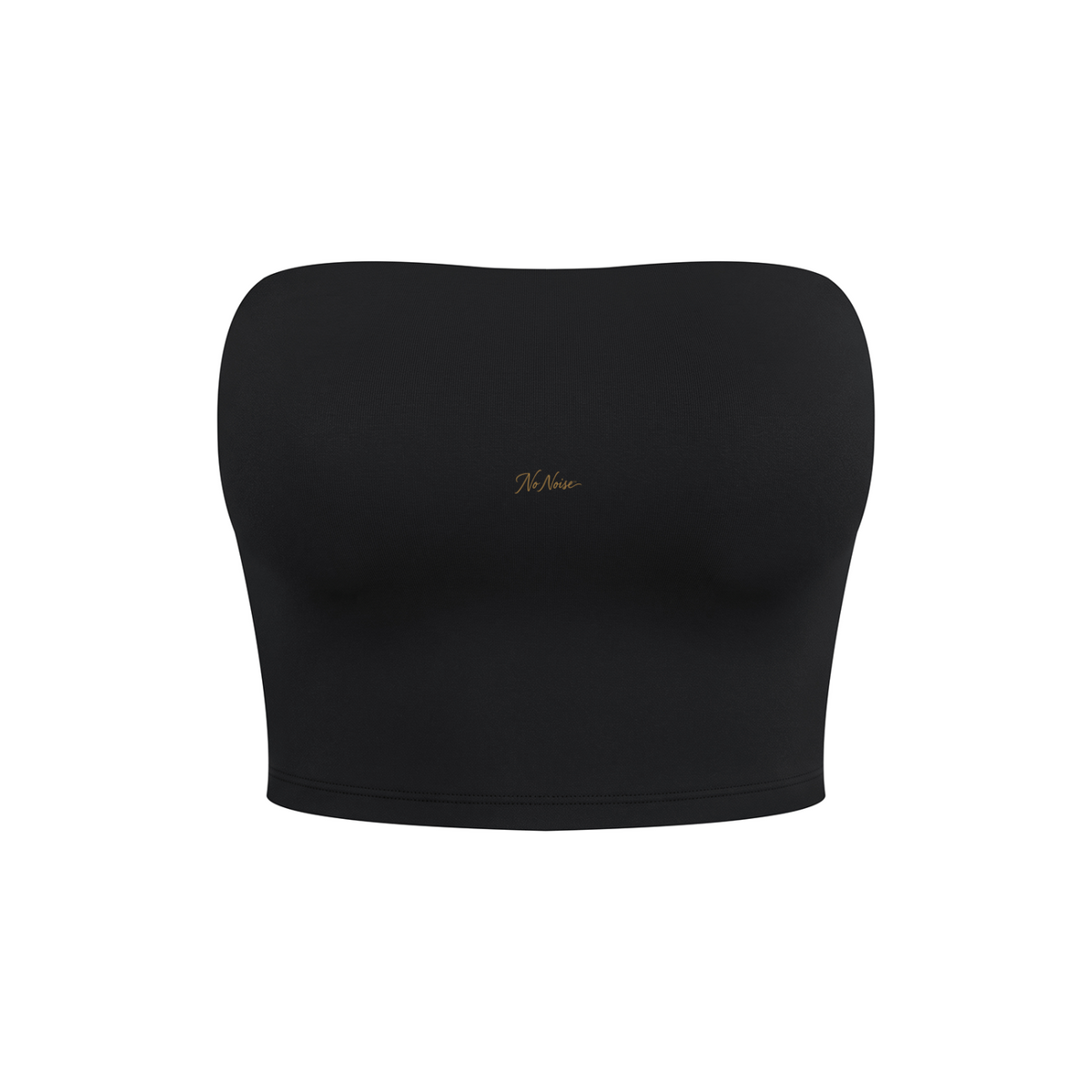 NO NOISE Studio Tube Top™ — Black, front shaped product view showing strapless neckline and gold script.