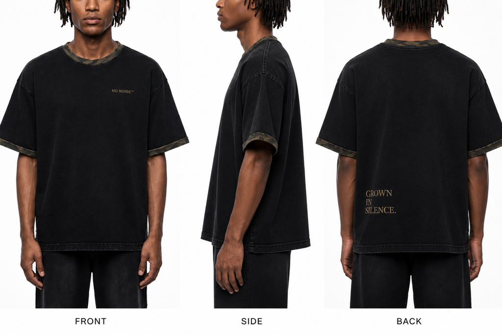 NO NOISE™ Mineral Wash Boxy Panel Tee — Khaki Camo