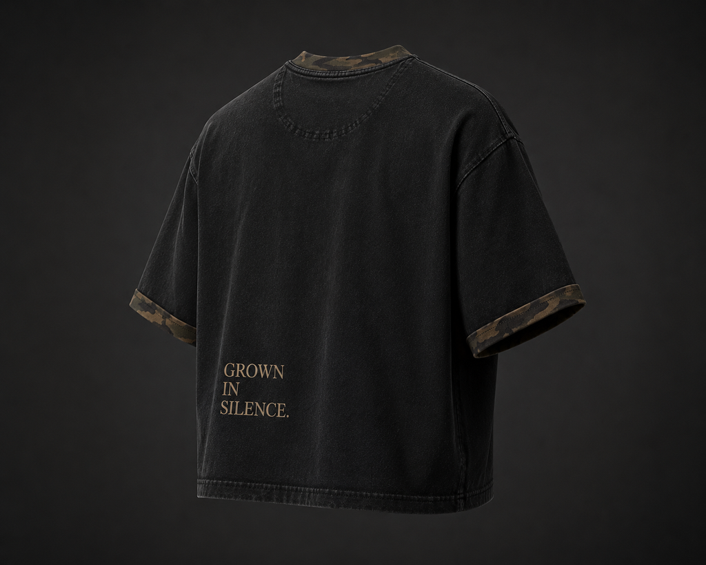 NO NOISE™ Mineral Wash Boxy Panel Tee — Khaki Camo