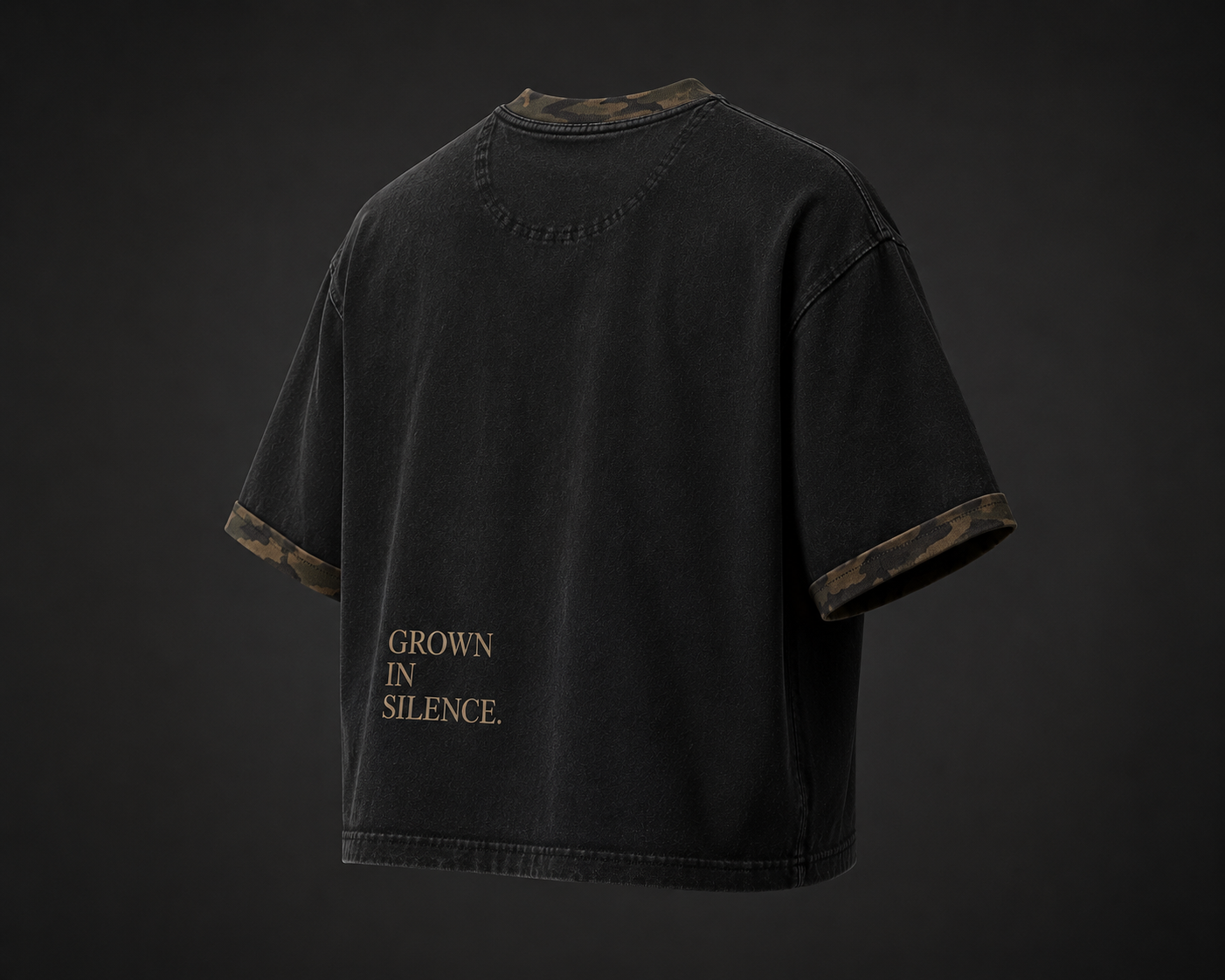 NO NOISE™ Mineral Wash Boxy Panel Tee — Khaki Camo