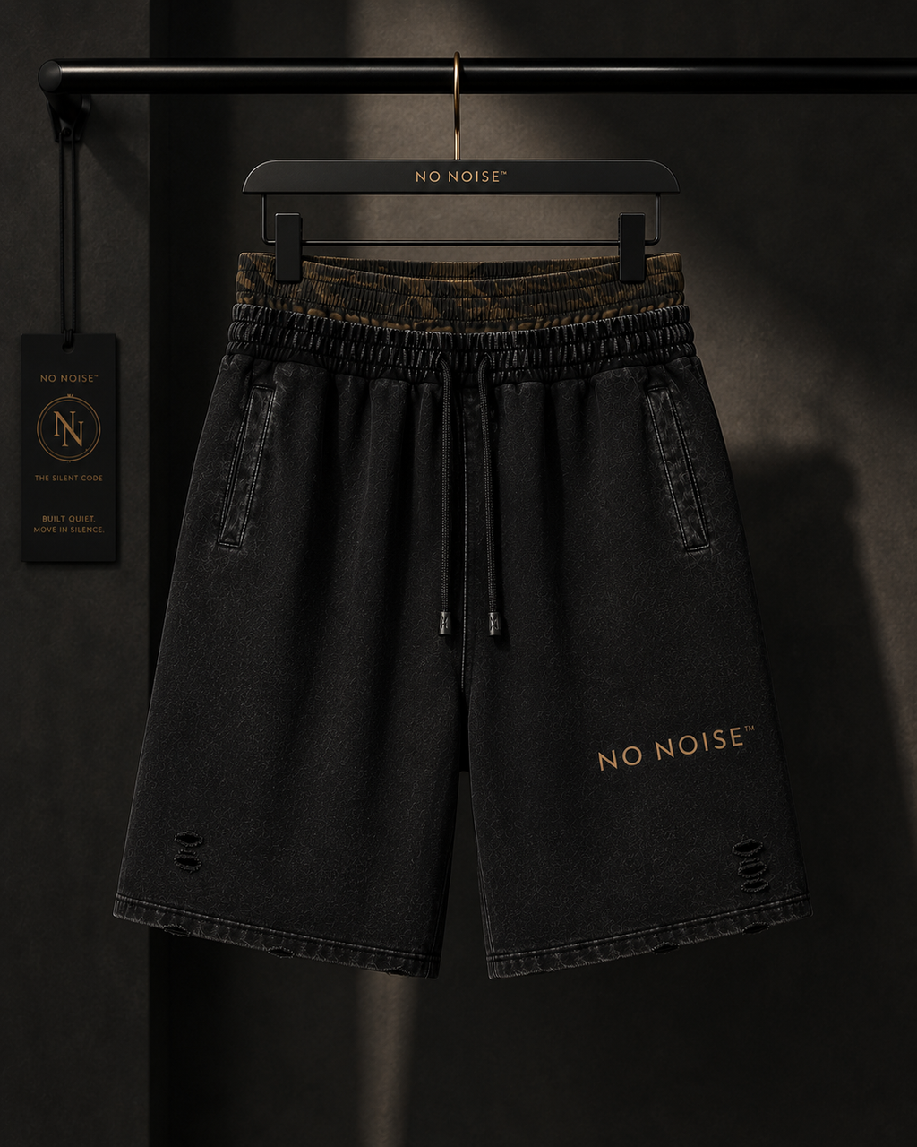 NO NOISE™ Vintage Wash Distressed Wide Leg Shorts — Khaki Camo