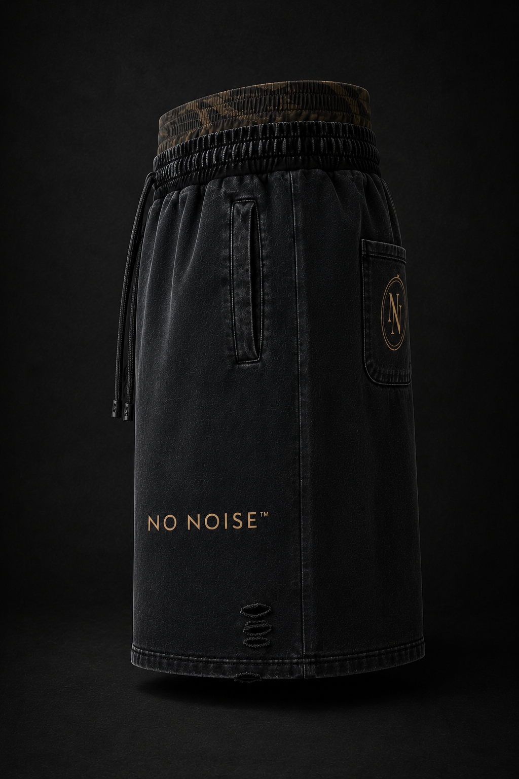 NO NOISE™ Vintage Wash Distressed Wide Leg Shorts — Khaki Camo