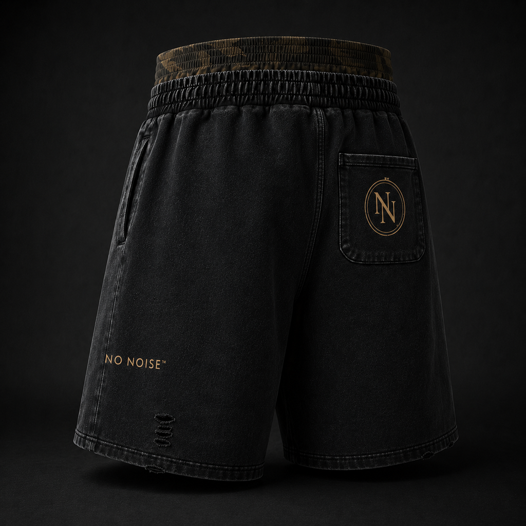 NO NOISE™ Vintage Wash Distressed Wide Leg Shorts — Khaki Camo