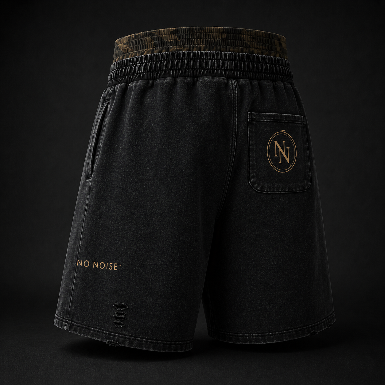 NO NOISE™ Vintage Wash Distressed Wide Leg Shorts — Khaki Camo