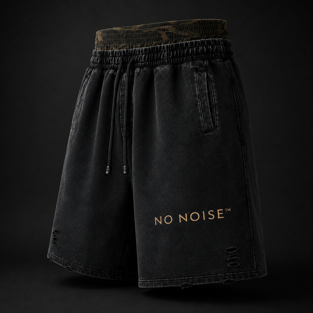 NO NOISE™ Vintage Wash Distressed Wide Leg Shorts — Khaki Camo