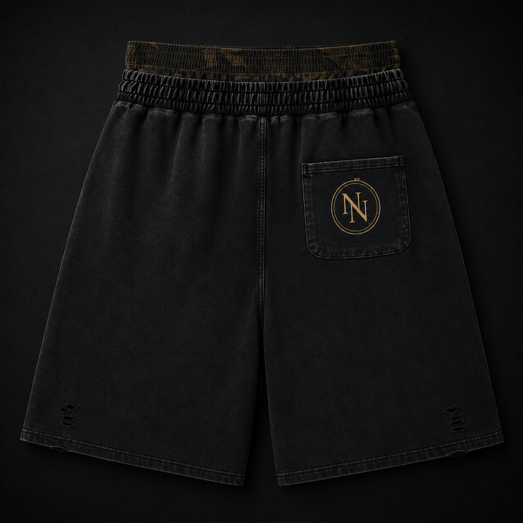 NO NOISE™ Vintage Wash Distressed Wide Leg Shorts — Khaki Camo