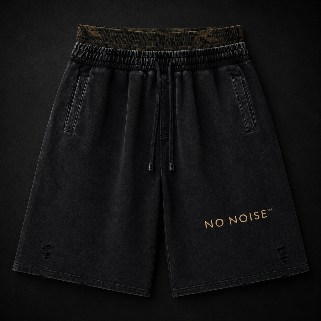 NO NOISE™ Vintage Wash Distressed Wide Leg Shorts — Khaki Camo