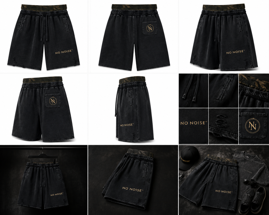 NO NOISE™ Vintage Wash Distressed Wide Leg Shorts — Khaki Camo