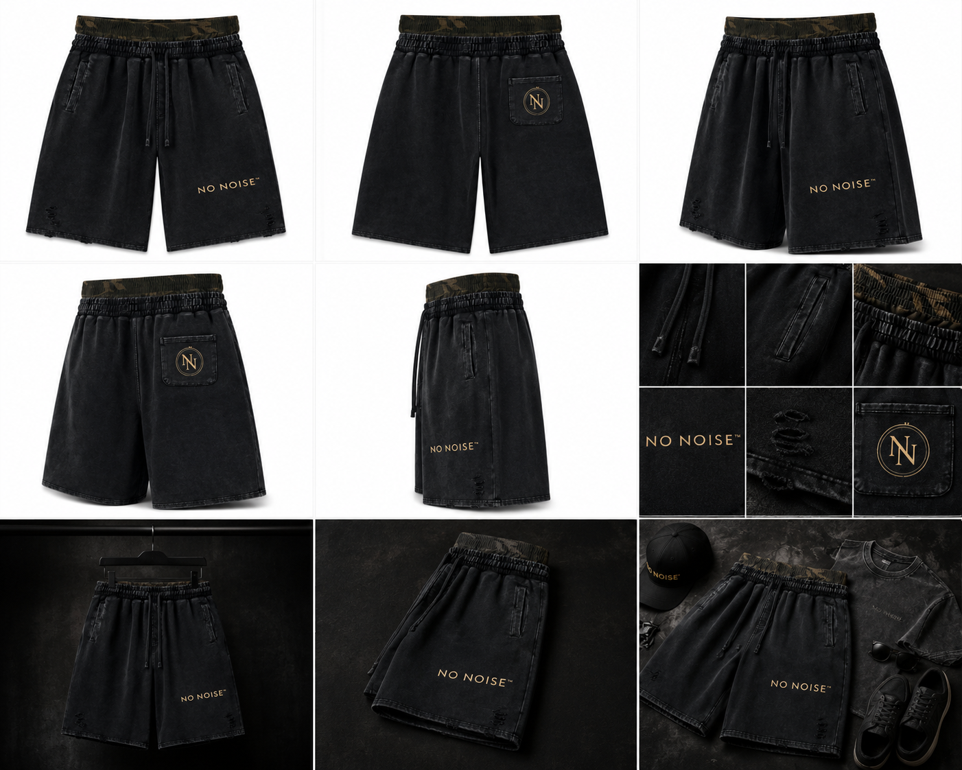 NO NOISE™ Vintage Wash Distressed Wide Leg Shorts — Khaki Camo