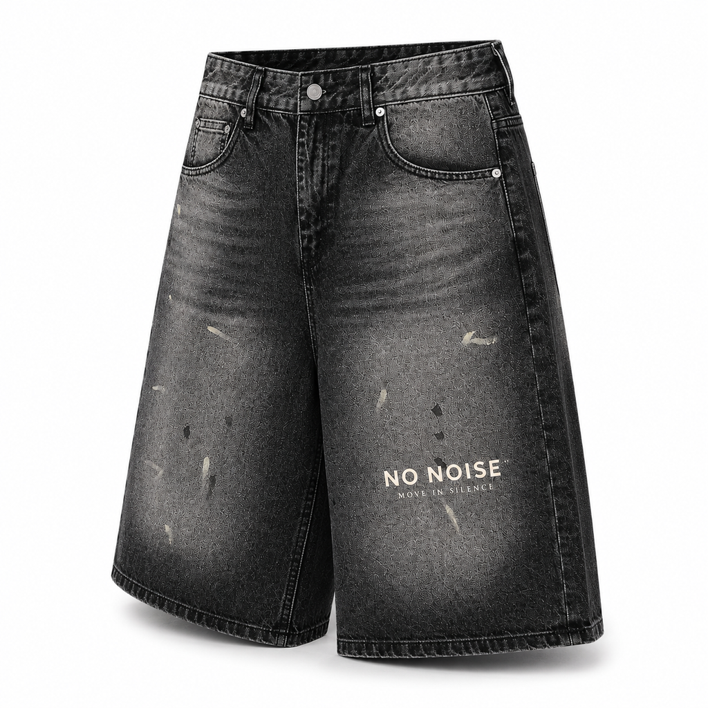 NO NOISE™ Vintage Wash Wide Leg Denim Shorts — Black, front view, relaxed dropped fit