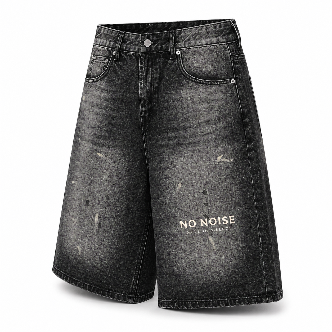 NO NOISE™ Vintage Wash Wide Leg Denim Shorts — Black, front view, relaxed dropped fit