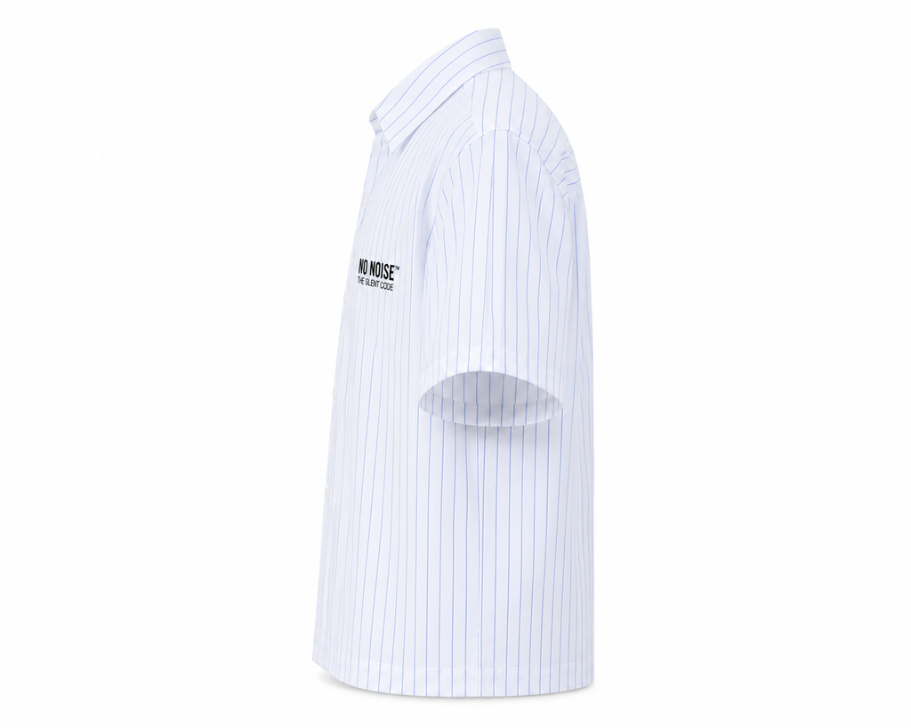 NO NOISE™ The Stripe Code Boxy — White, detail view, lapel collar and button front