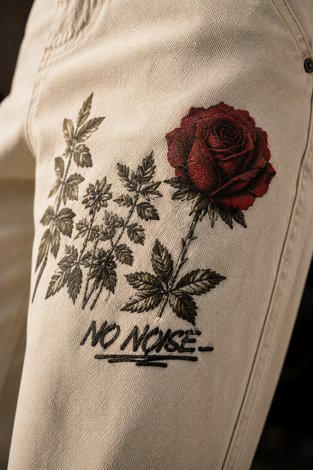 NO NOISE™ 001 Garden Pant — botanical rose graphic detail on right thigh
