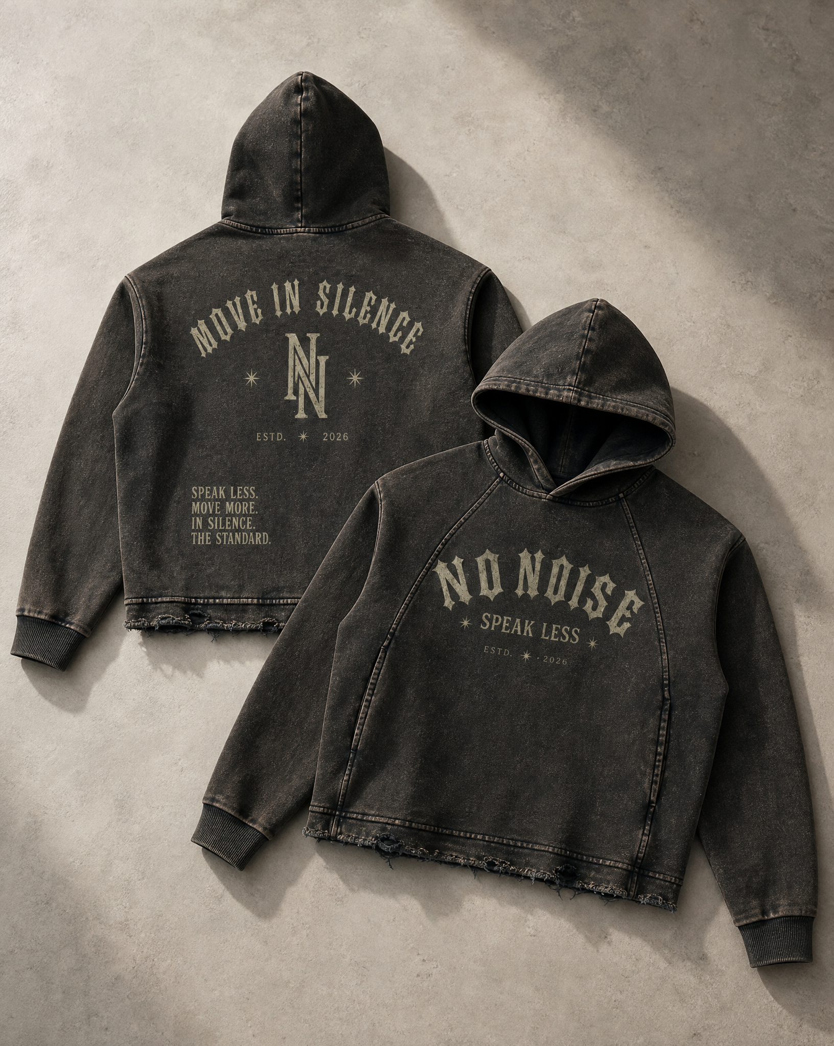 NO NOISE™ SPEAK LESS VINTAGE WASHED HOODIE — ESTD. 2026