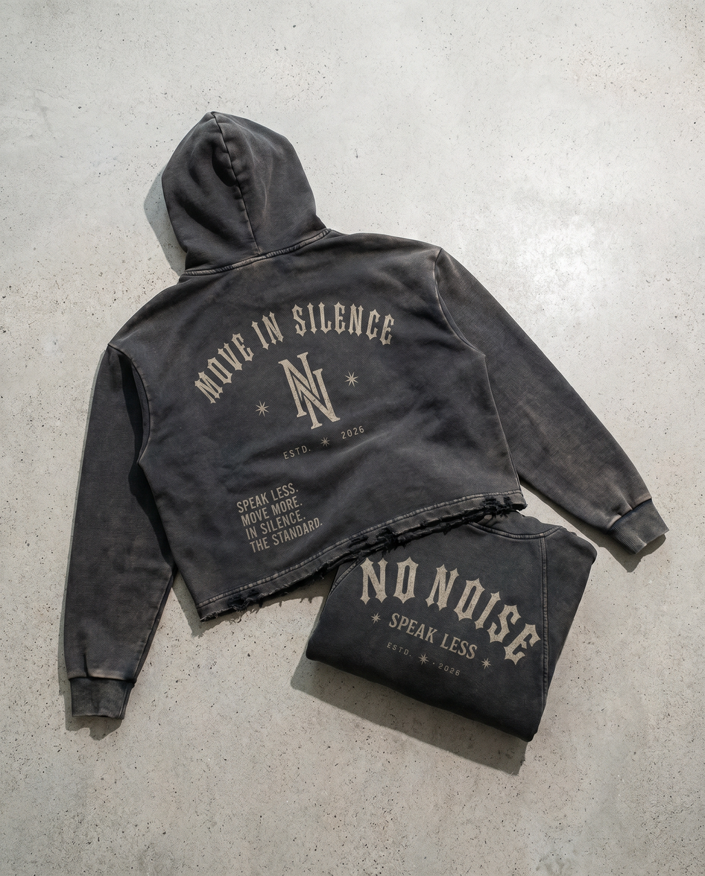 NO NOISE™ SPEAK LESS VINTAGE WASHED HOODIE — ESTD. 2026