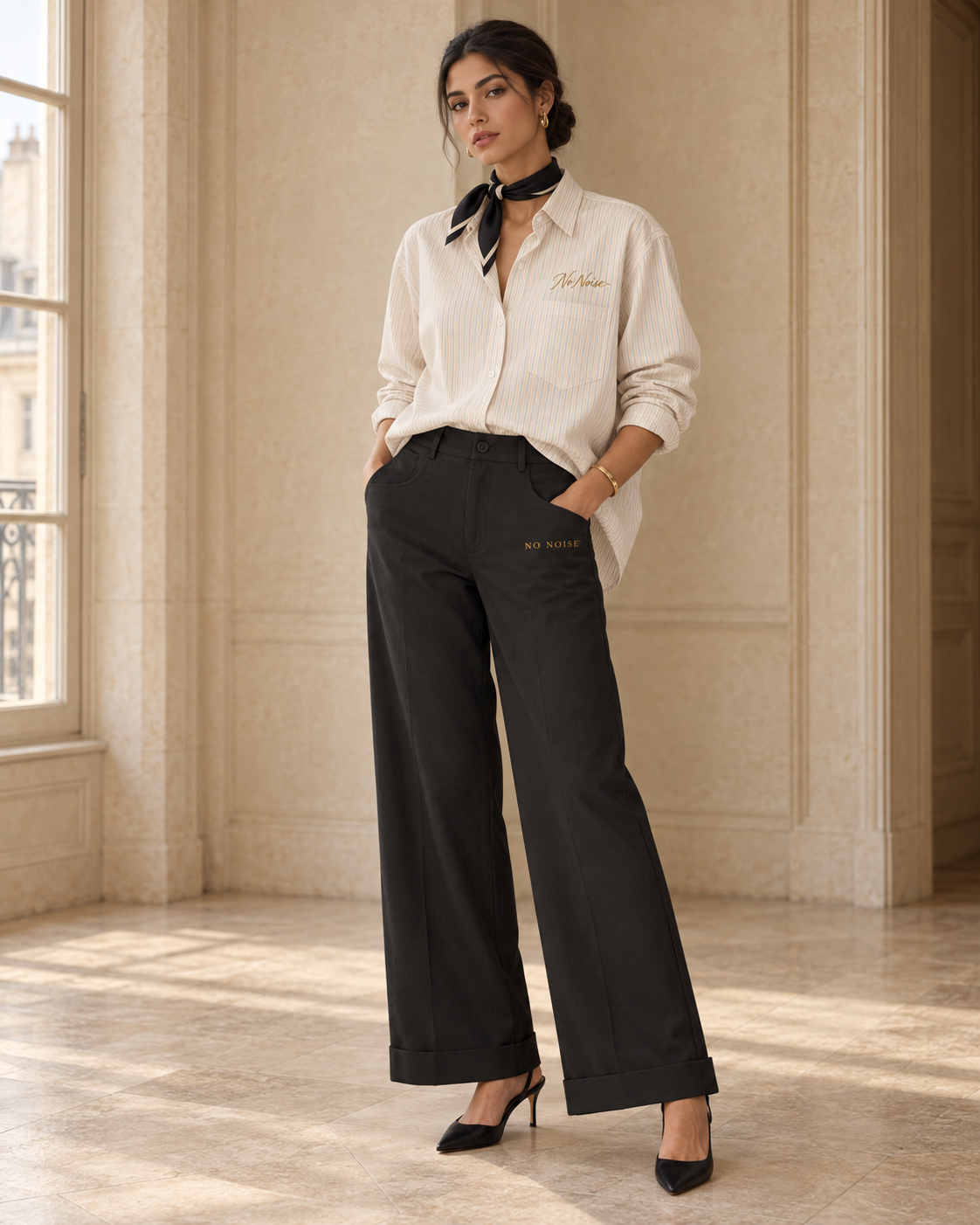 HER Fall–Winter look: Sans Bruit Crown Shirt with black Silent Drape trousers, black neck scarf and heels.