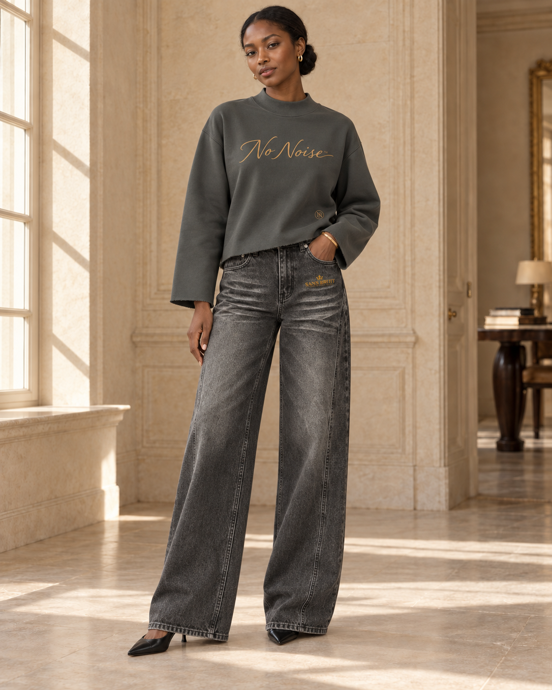 HER Paris Everyday look: Slate Signature Crew Mock Neck with Sans Bruit washed-black wide-leg denim and pointed heels.