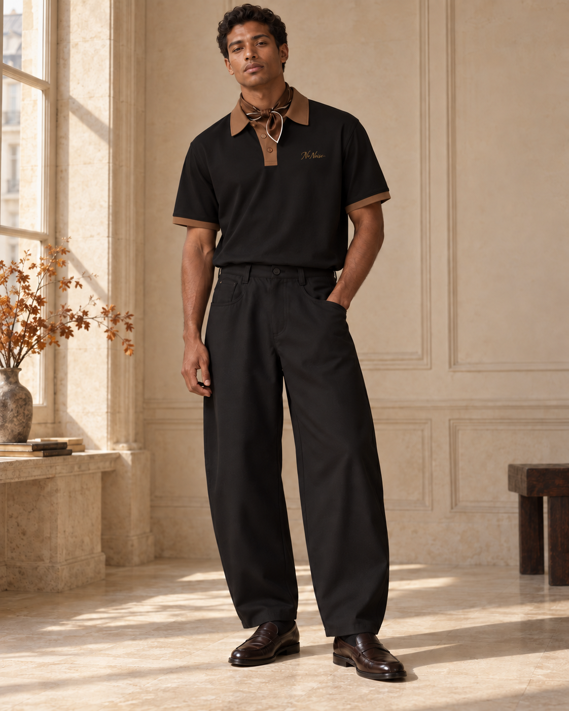 HIM Fall–Winter look: Silent Standard Contrast Polo with black Still Form trousers, tobacco neck scarf and loafers.