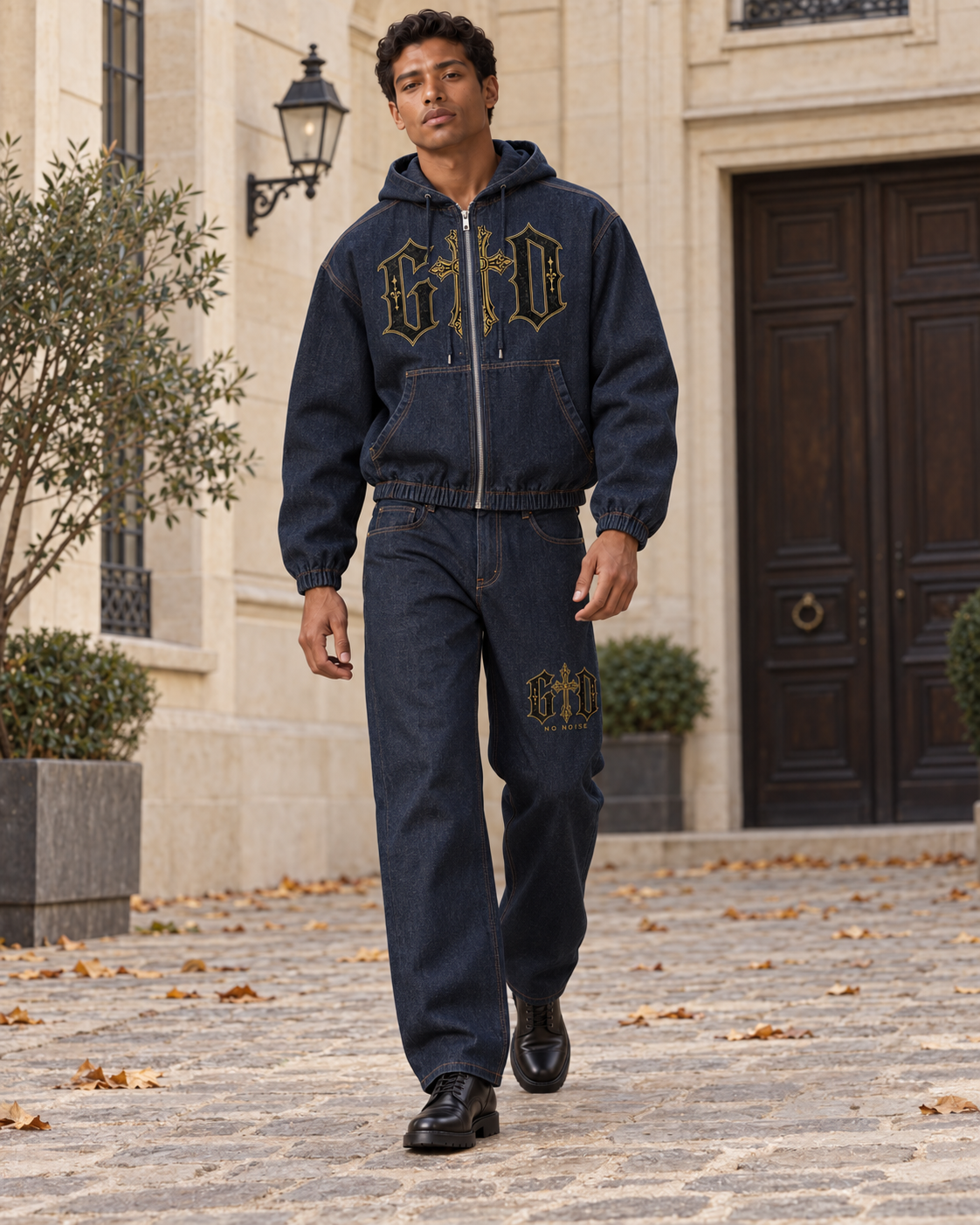 HIM Reverence look: approved model in indigo GOD denim hooded jacket and matching wide-leg jeans in a Paris courtyard.