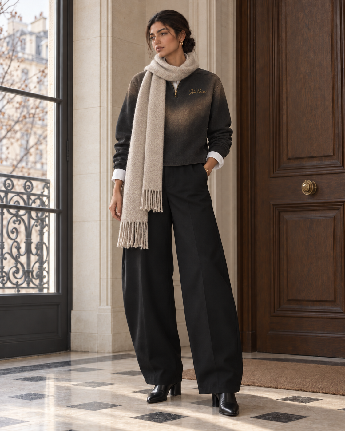 Winter styling illustration: Quiet Standard quarter-zip over white Signature Shirt with black trousers and naturally wrapped oatmeal scarf.