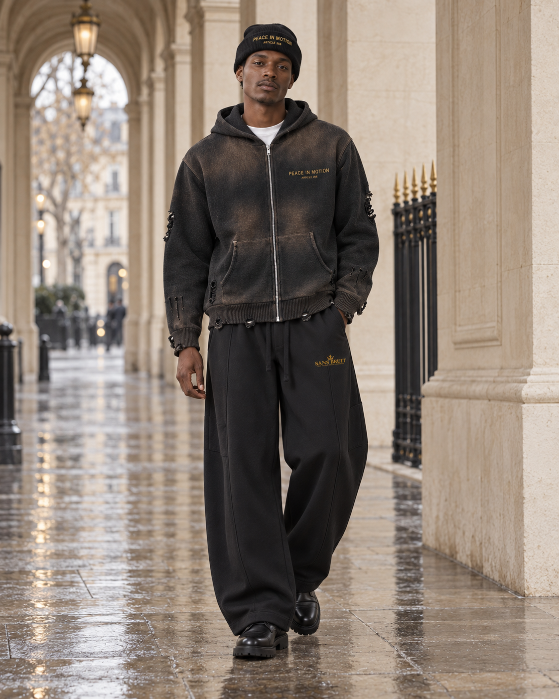 Winter styling illustration: Peace in Motion distressed hoodie and matching beanie with Quiet Standard wide-leg sweatpants.