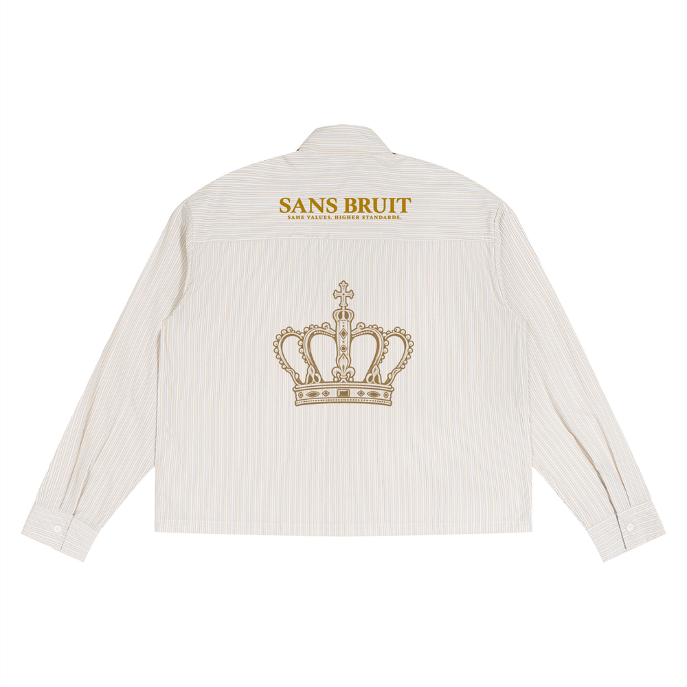 Original Sans Bruit Crown Shirt back photograph showing fine stripes, SANS BRUIT lettering and crown print.