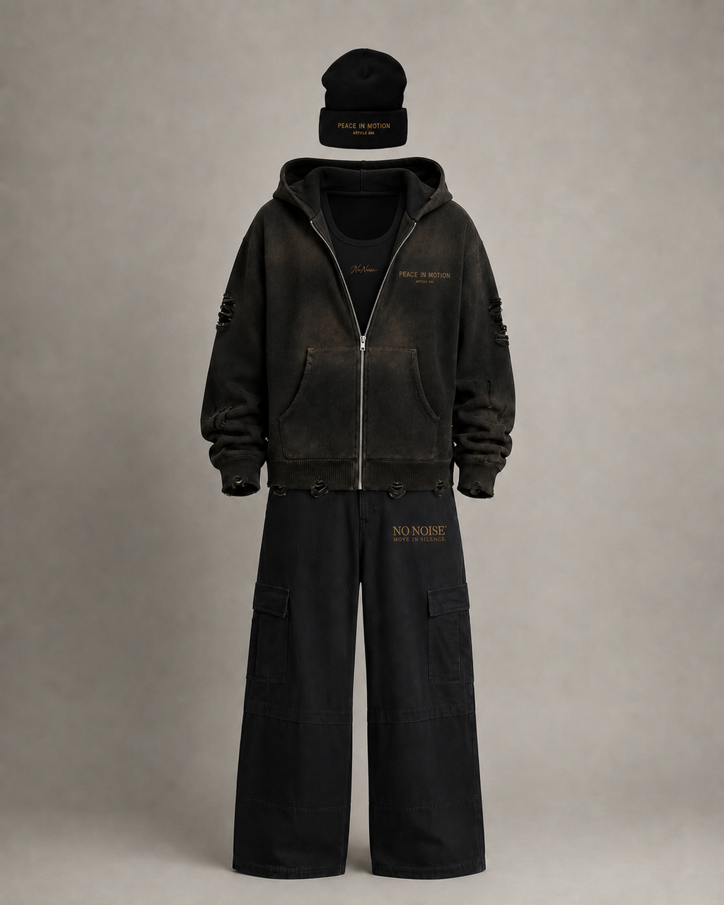 PEACE IN MOTION DISTRESSED ZIP HOODIE — NOIR — front view