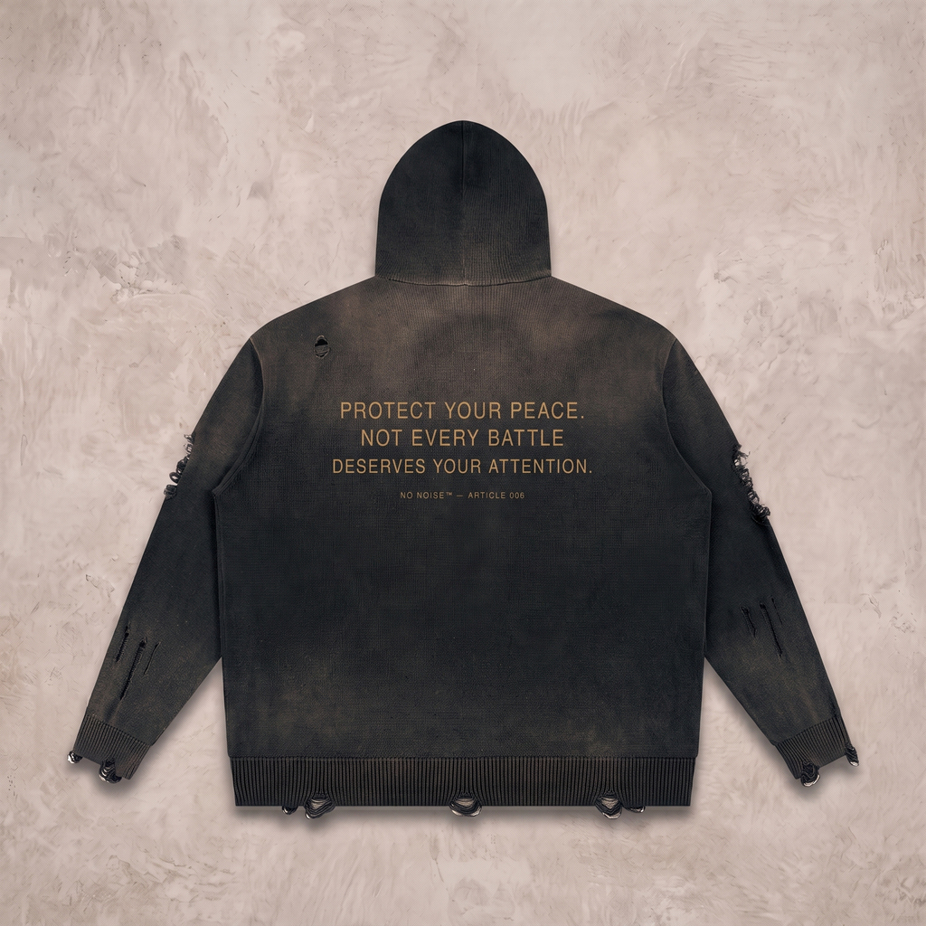 PEACE IN MOTION DISTRESSED ZIP HOODIE — NOIR — back view